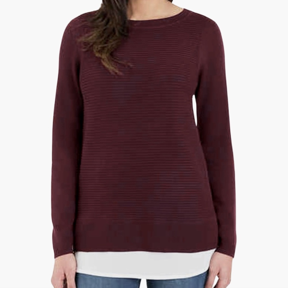 Hilary Radly Crew Neck long Sleeve Maroon Sweater, White Faux Under‎ Blouse SZ M